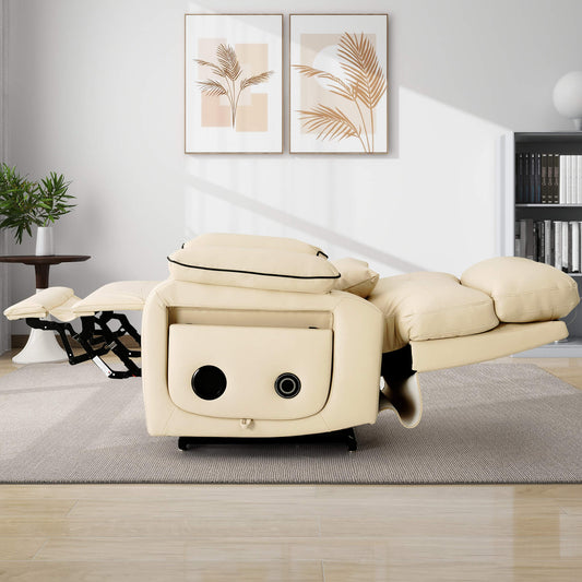 Beige leather power recliner in a flat state.