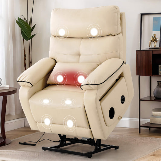 Infinite position lift recliner chair with wireless charger and cup holder, vibration massage and lumbar heating, beige leather.