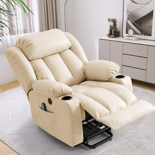 The beige power lift chair reclines in a reclining position. Ideal for daily use such as relaxation, and naps.