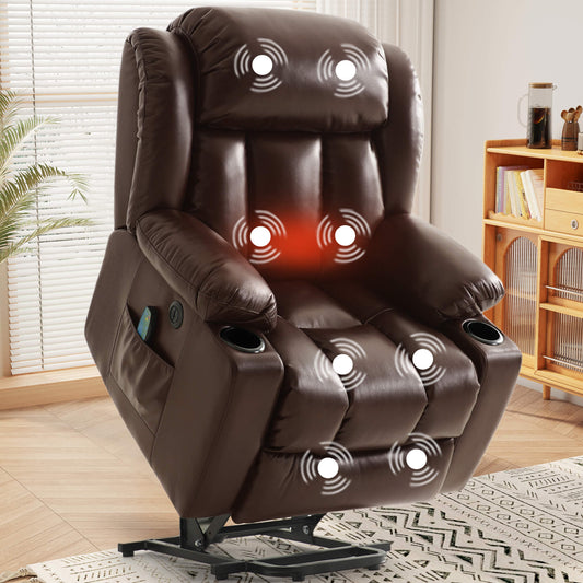 Luxury electric lift recliner chair for seniors with vibration massage and lumbar heating, brown faux leather covered. With cup holders.