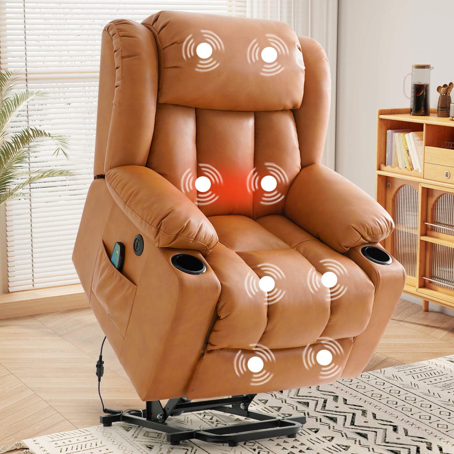 Luxury electric lift recliner chair for seniors with vibration massage and lumbar heating, orange faux leather covered. With cup holders.