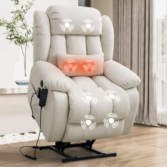 Beige linen power lift chair for the elderly with massage and lumbar heating.