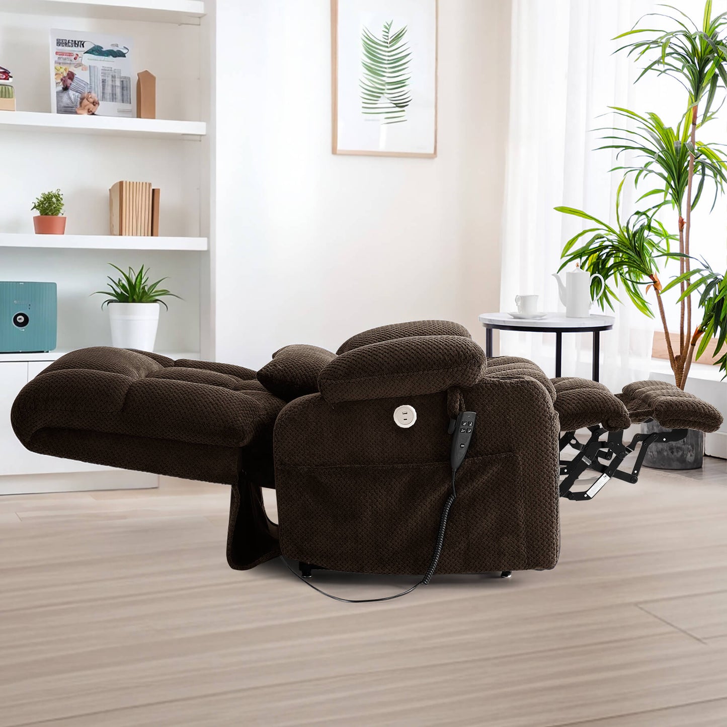 Extra long and wide lay flat recliner in the living room.