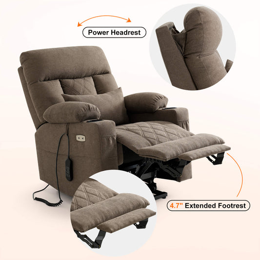 Triple motor recliner with adjustable power headrest and extended 4.7” footrest.