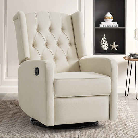 Beige fabric manual swivel rocker recliner chair in the living room.