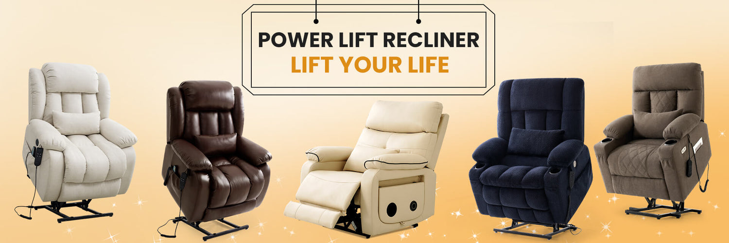Five power lift recliners on a beige background with text 'Power Lift Recliner, Lift Your Life'.