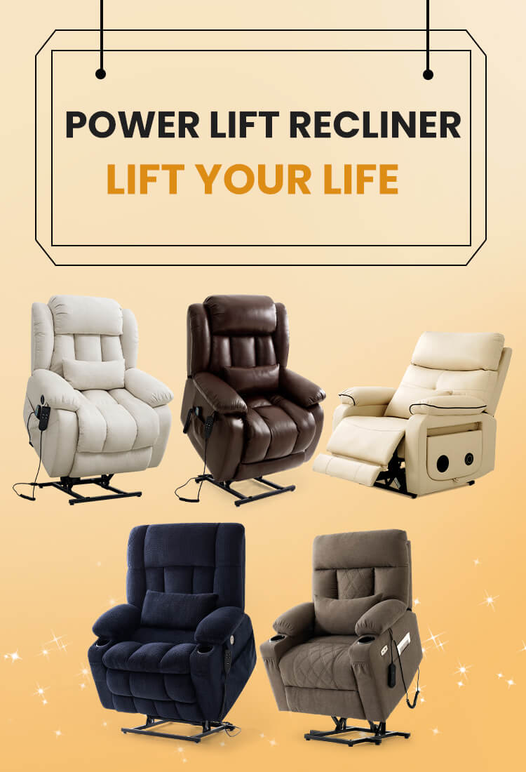 Five power lift recliners on a beige background with text 'Power Lift Recliner, Lift Your Life'.