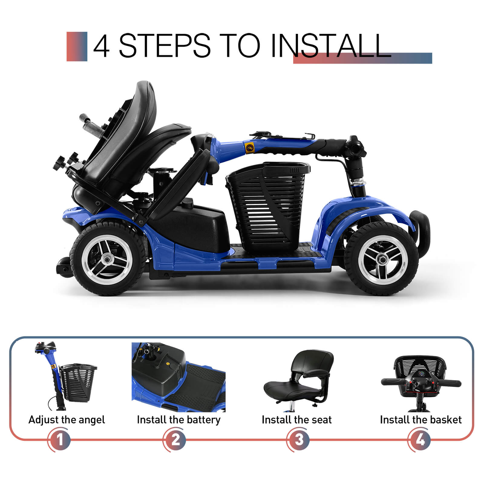 4 steps to complete the assembly: adjust the head angle, install the battery, install the seat, and install the basket. Let's go!