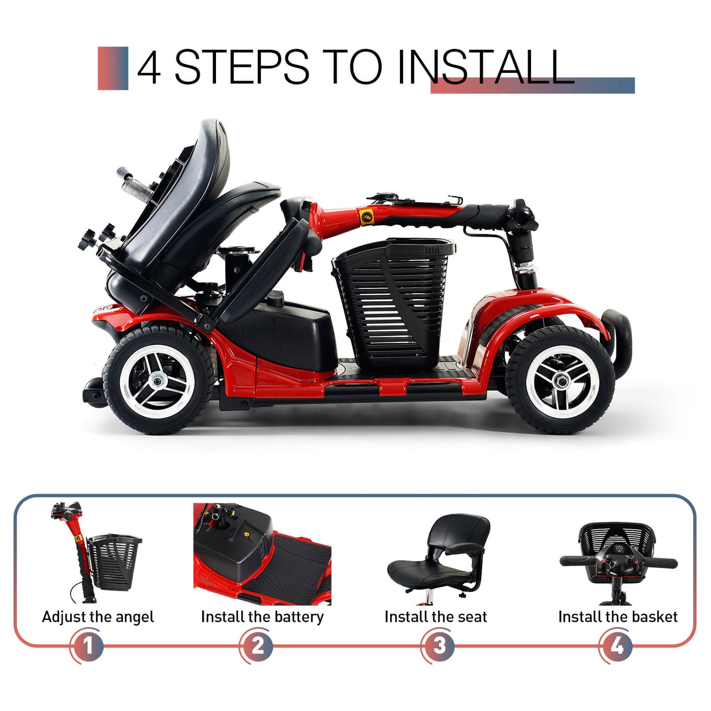 4 steps to complete the assembly: adjust the head angle, install the battery, install the seat, and install the basket. Let's go!