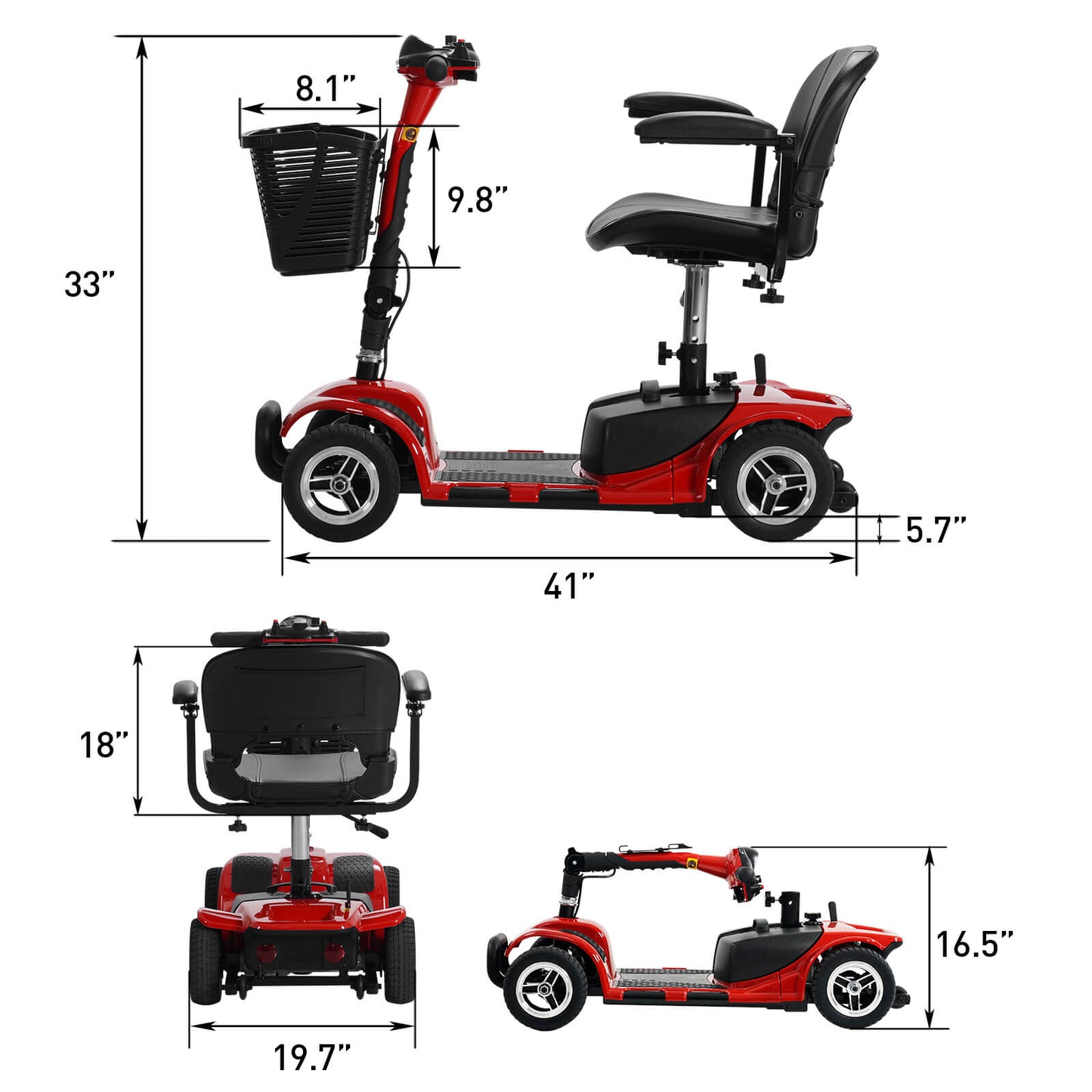 Red scooter size. Overall size: 41 x 19.7 x 33 inches.