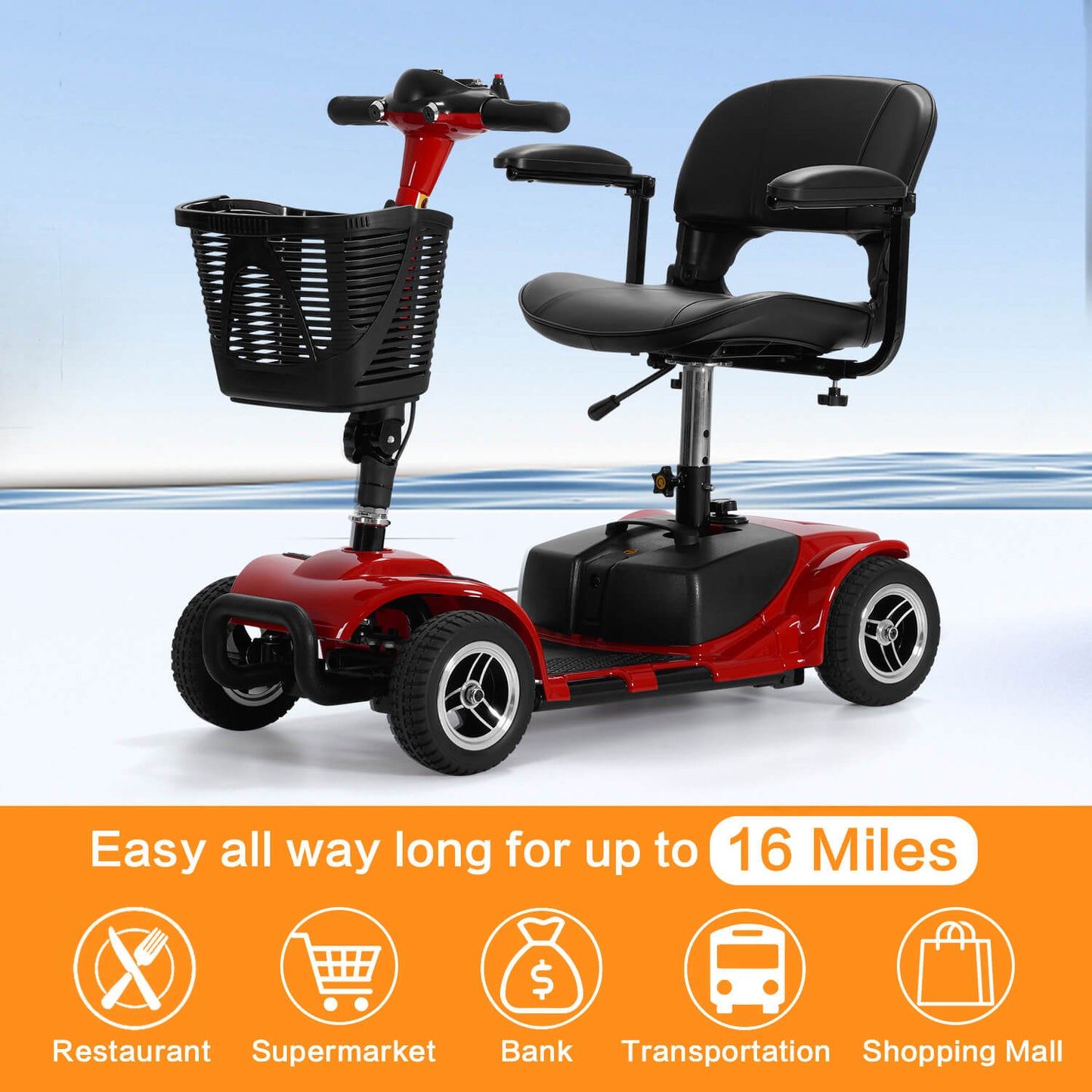 All-terrain driving up to 16 miles. This mobility scooter can take you to restaurants, supermarkets, banks, stations, shopping centers or any other place you want to go.