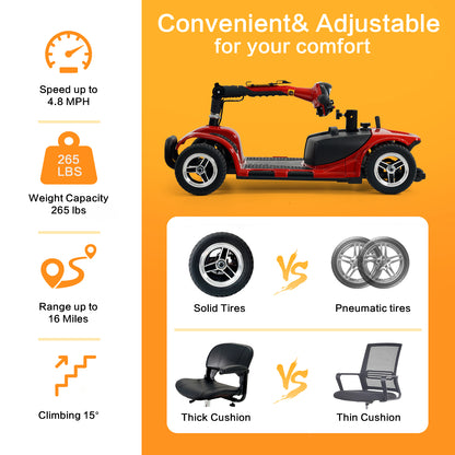 Solid tires and thick cushions give you a more comfortable ride.