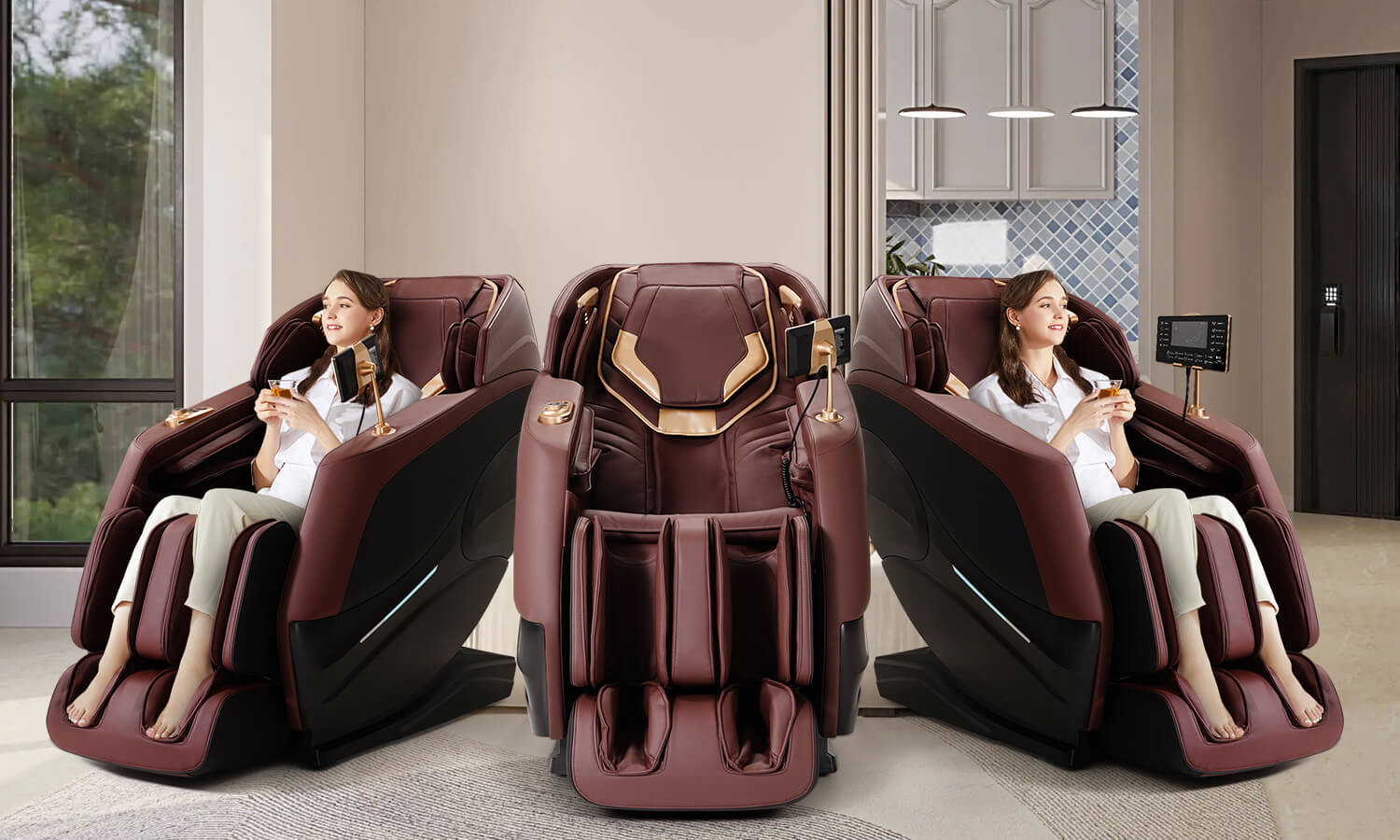 A_lady_sitting_in_the_massage_chair_and_you_can_see_the_front_and_side_of_the_burgundy_massage_chair