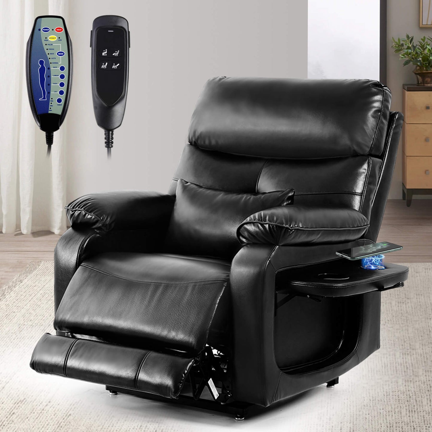A power recliner with foldable side table and 2 remote controls