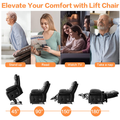 Asjmreye black power lift recliner chair in different positions.