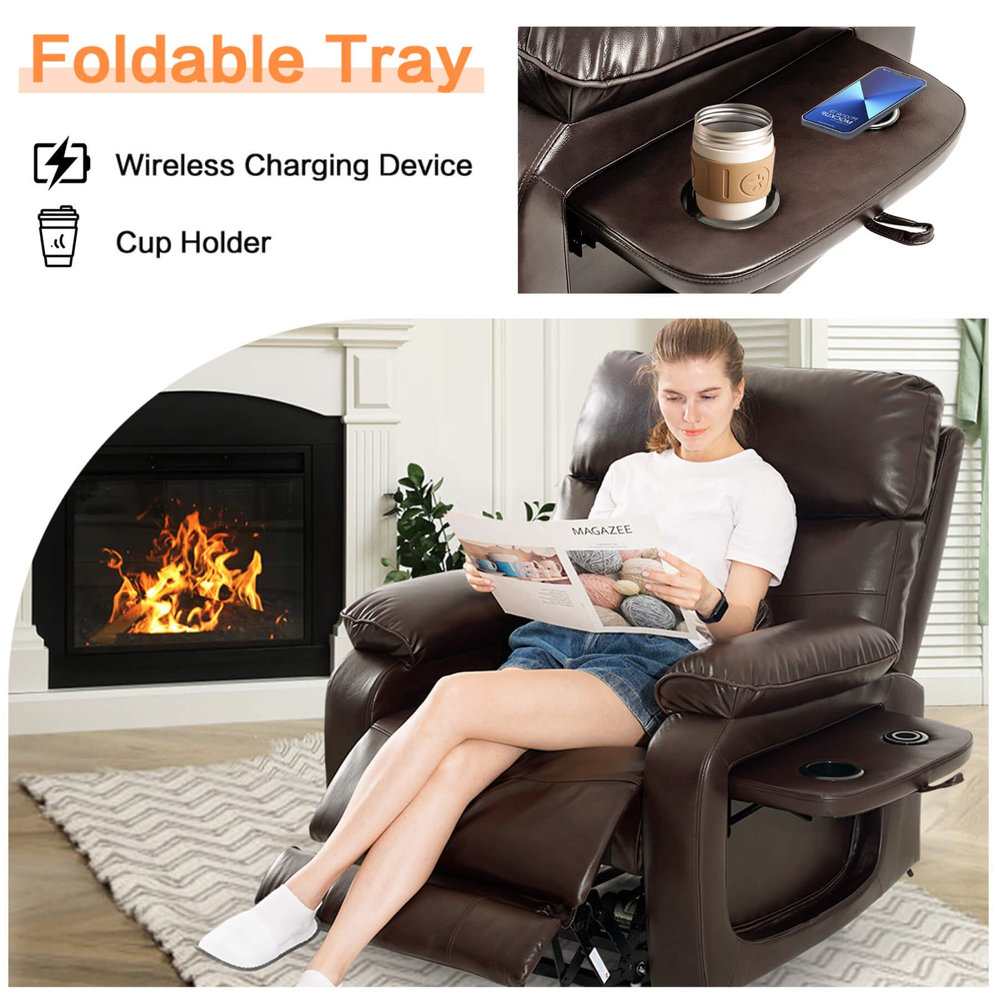 A lady sits on the recliner chair and reads a magazine. The foldable side table holds drinks and provides wireless charging for cell phones.