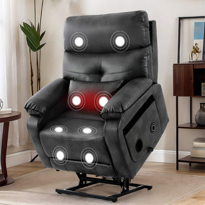 Infinite position lift recliner chair with wireless charger and cup holder, vibration massage and lumbar heating, gray leather.