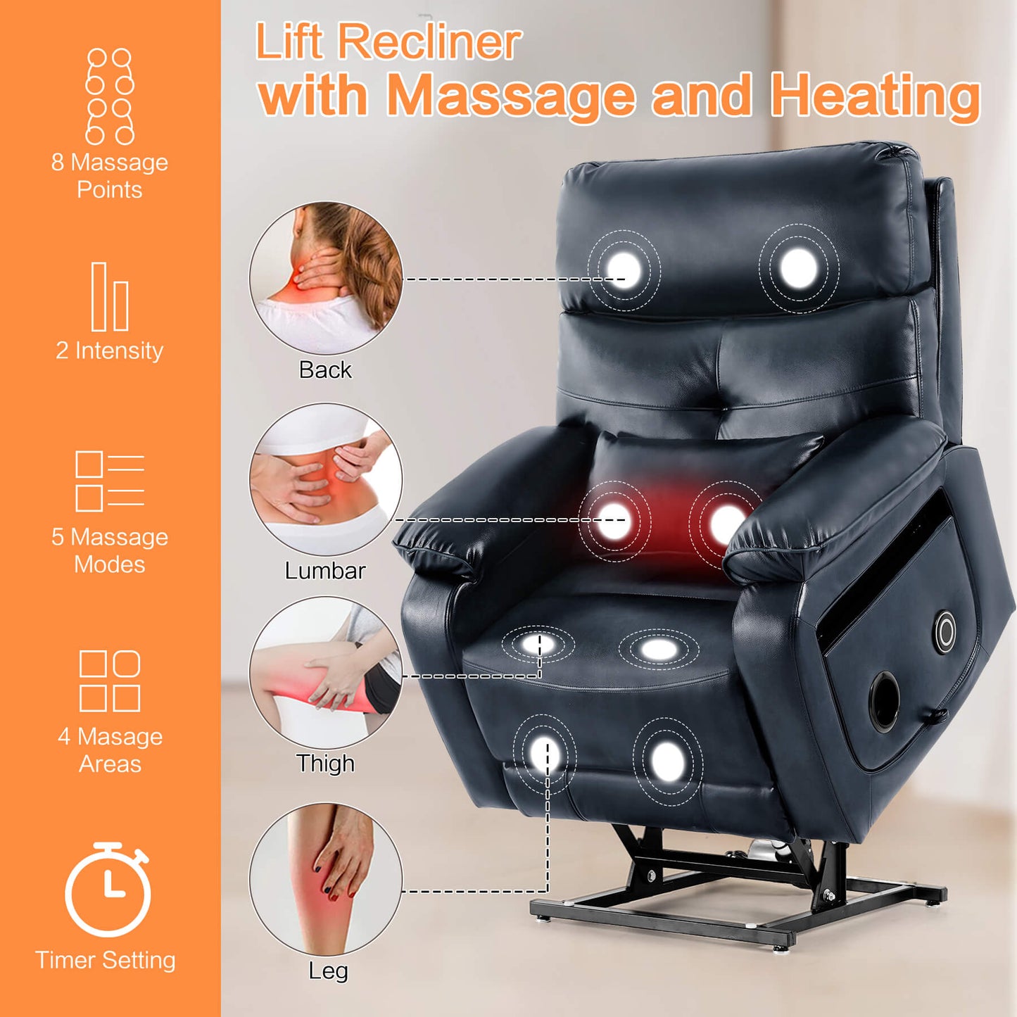 Asjmreye navy power lift recliner chair with massage and heat feature