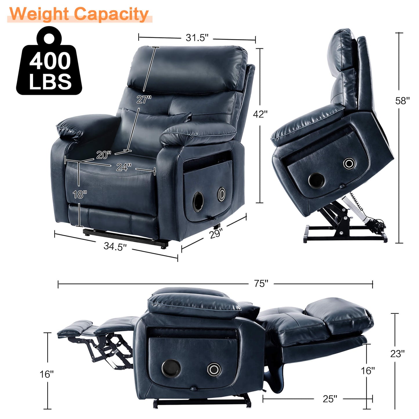 Specific dimension of Asjmreye navy power lift recliner chair 