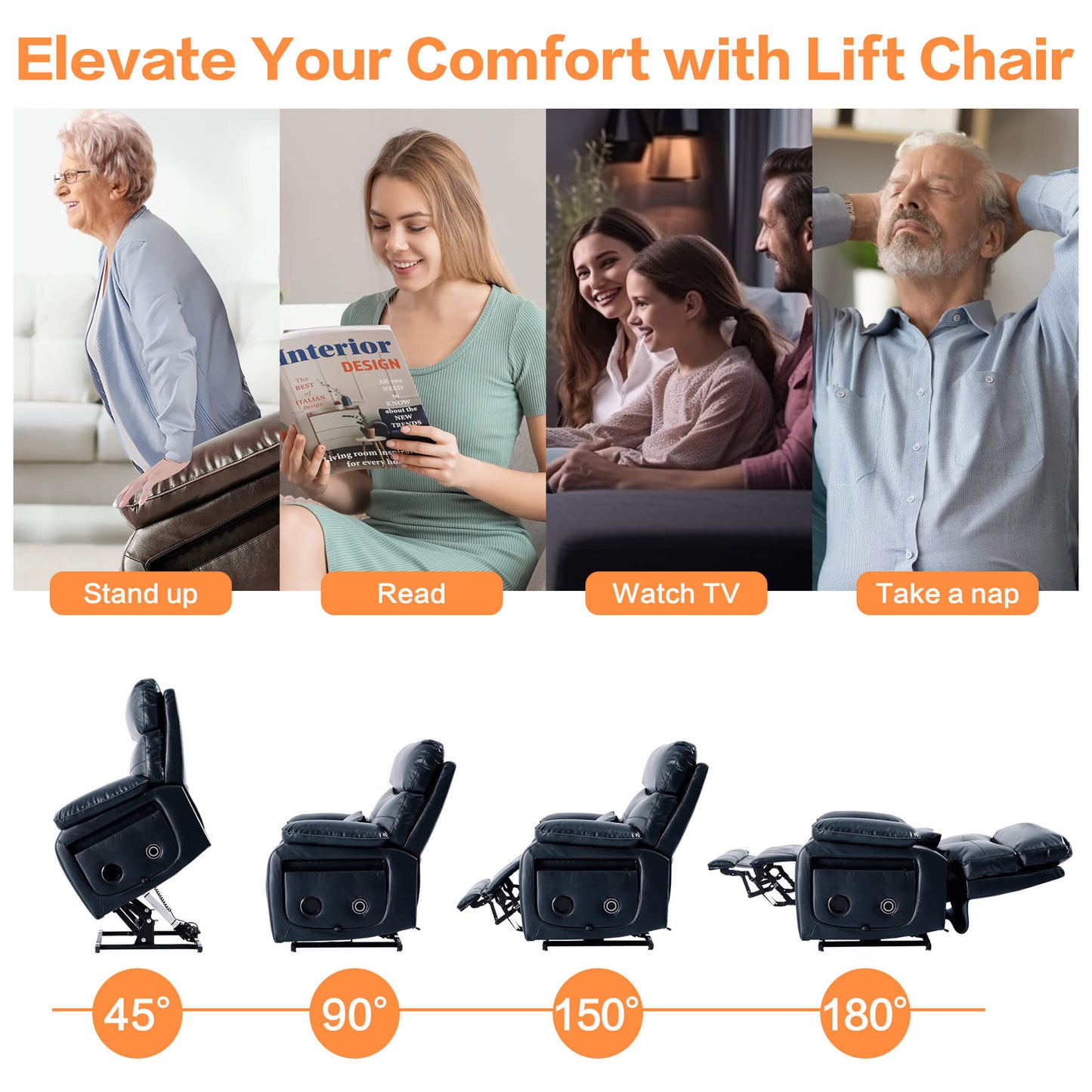 A power lift recliner in different positions