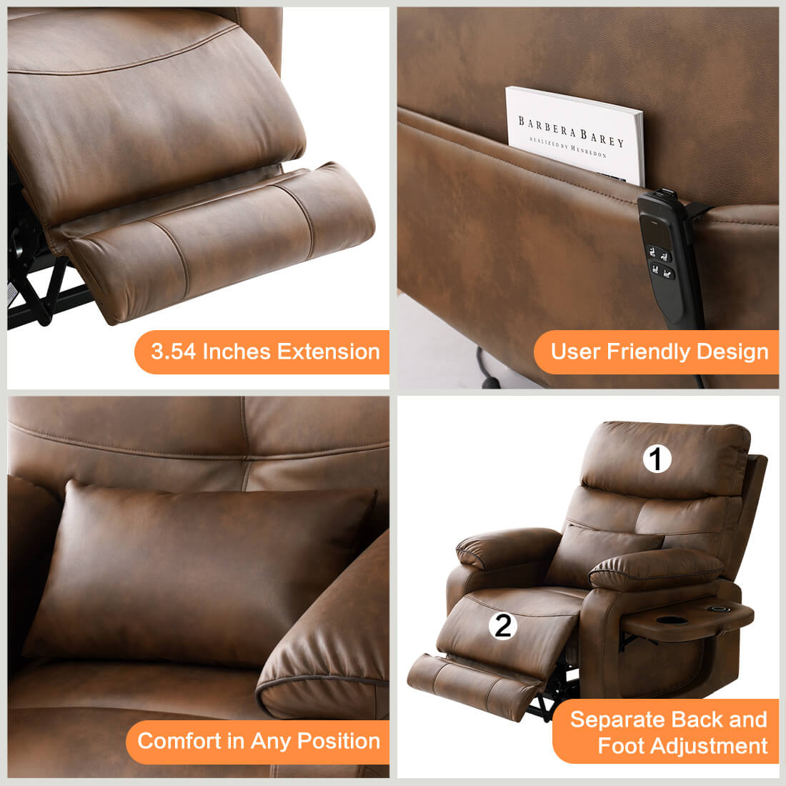 Detailed features of the power lift recliner in ochre leather