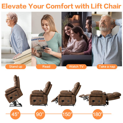 Lift chair with various positions shown from 45 degrees to 180 degrees, people using it, and text 'Elevate Your Comfort with Lift Chair'.
