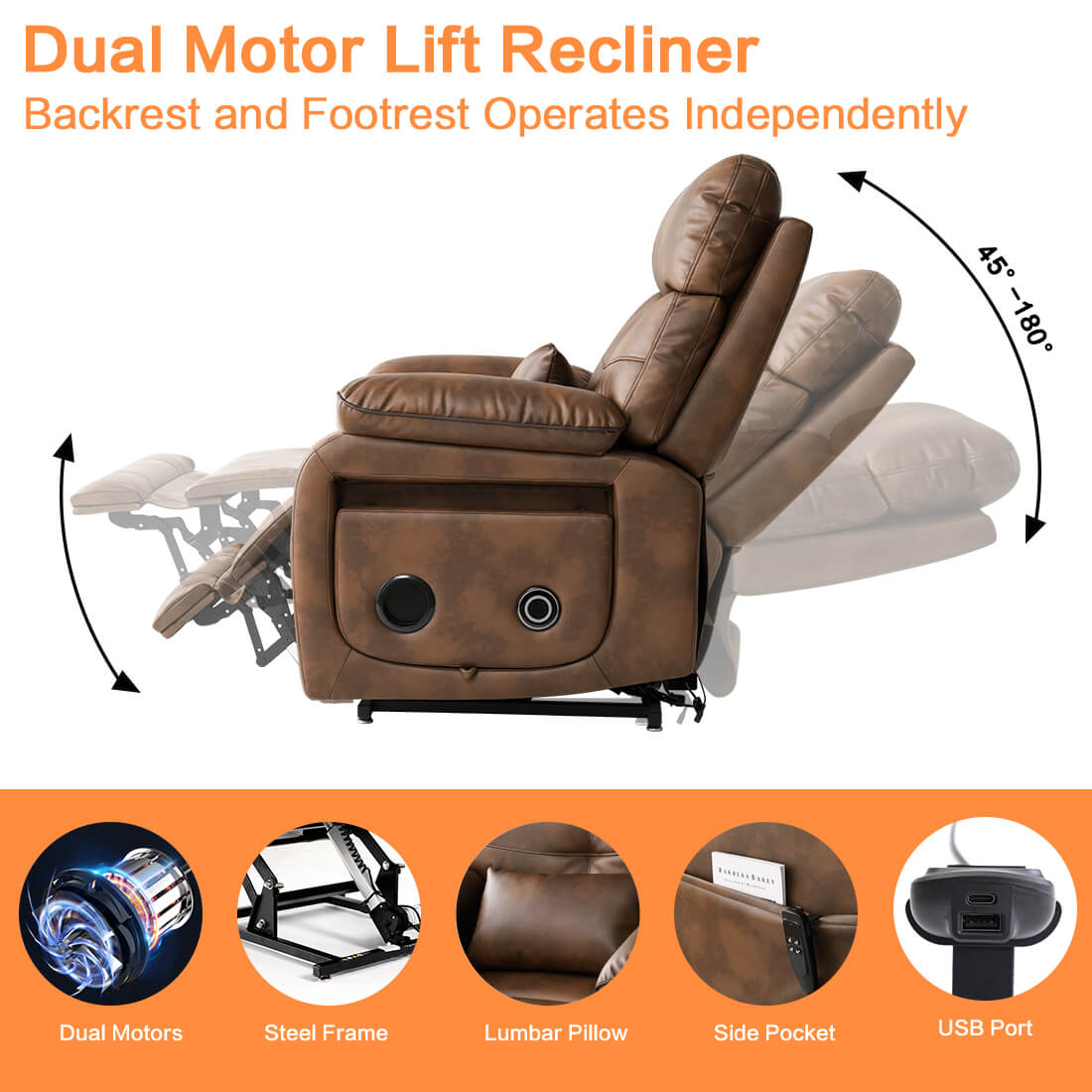 Ochre color power lift recliner chair with dual motor lift feature and backrest and footrest operates independently