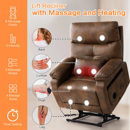 Ochre color power lift recliner chair with massage and heating features