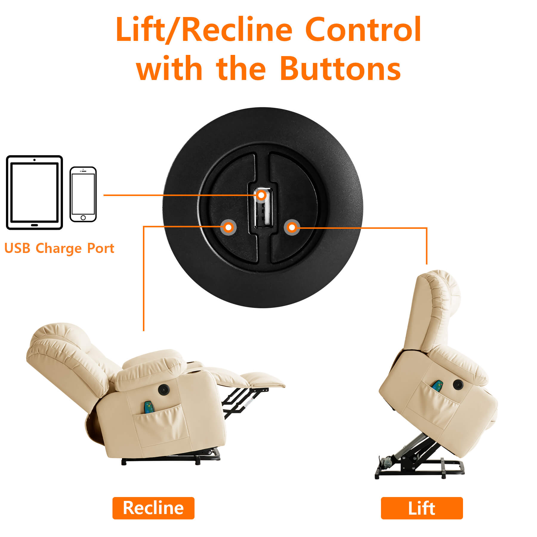 Adjust the standing or reclining position by pressing the button on the right side of the chair, and the USB port in the middle of the button charges low-power devices.