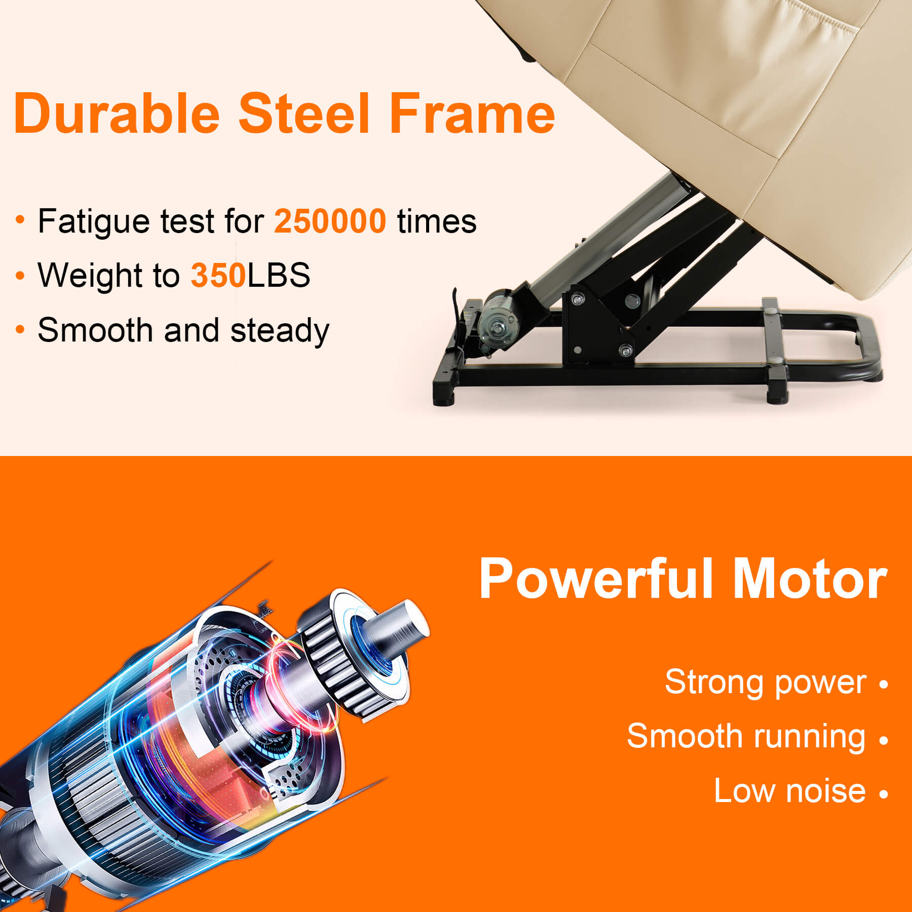 The luxury power lift recliner's durable steel frame and powerful motor support long-lasting and safe use.