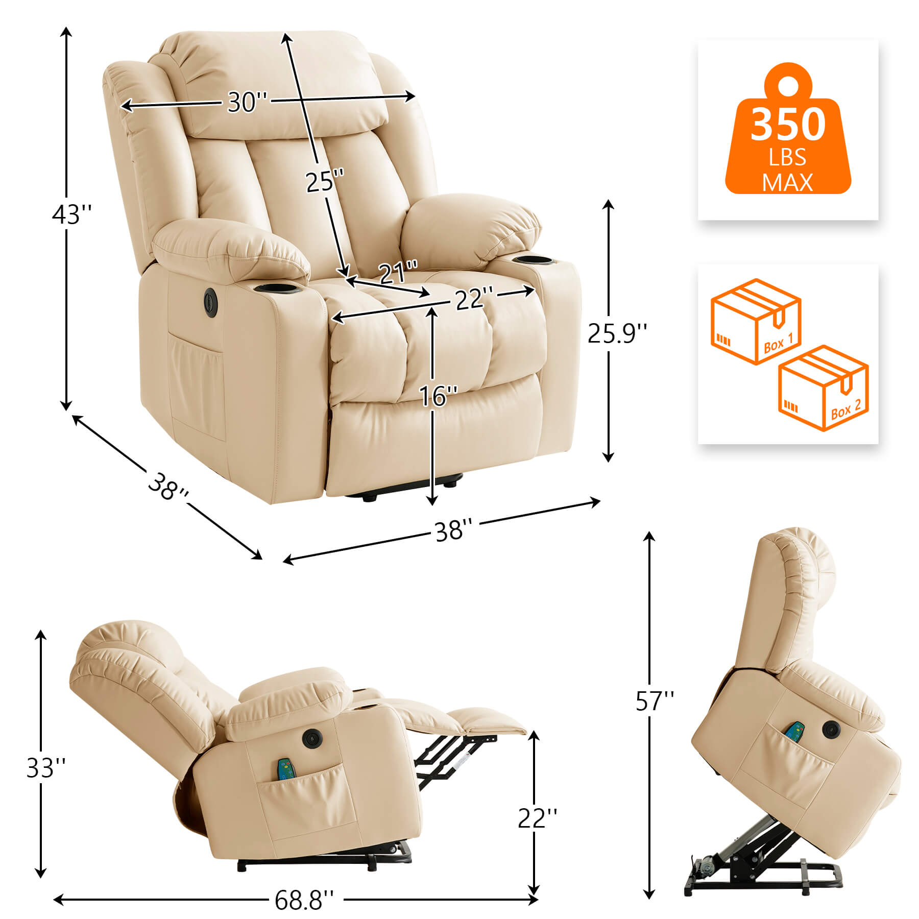 Beige recliner size data. Overall dimensions: 38“ x 38” x 43”, Weight capacity: 350lbs. Packed in 2 boxes.
