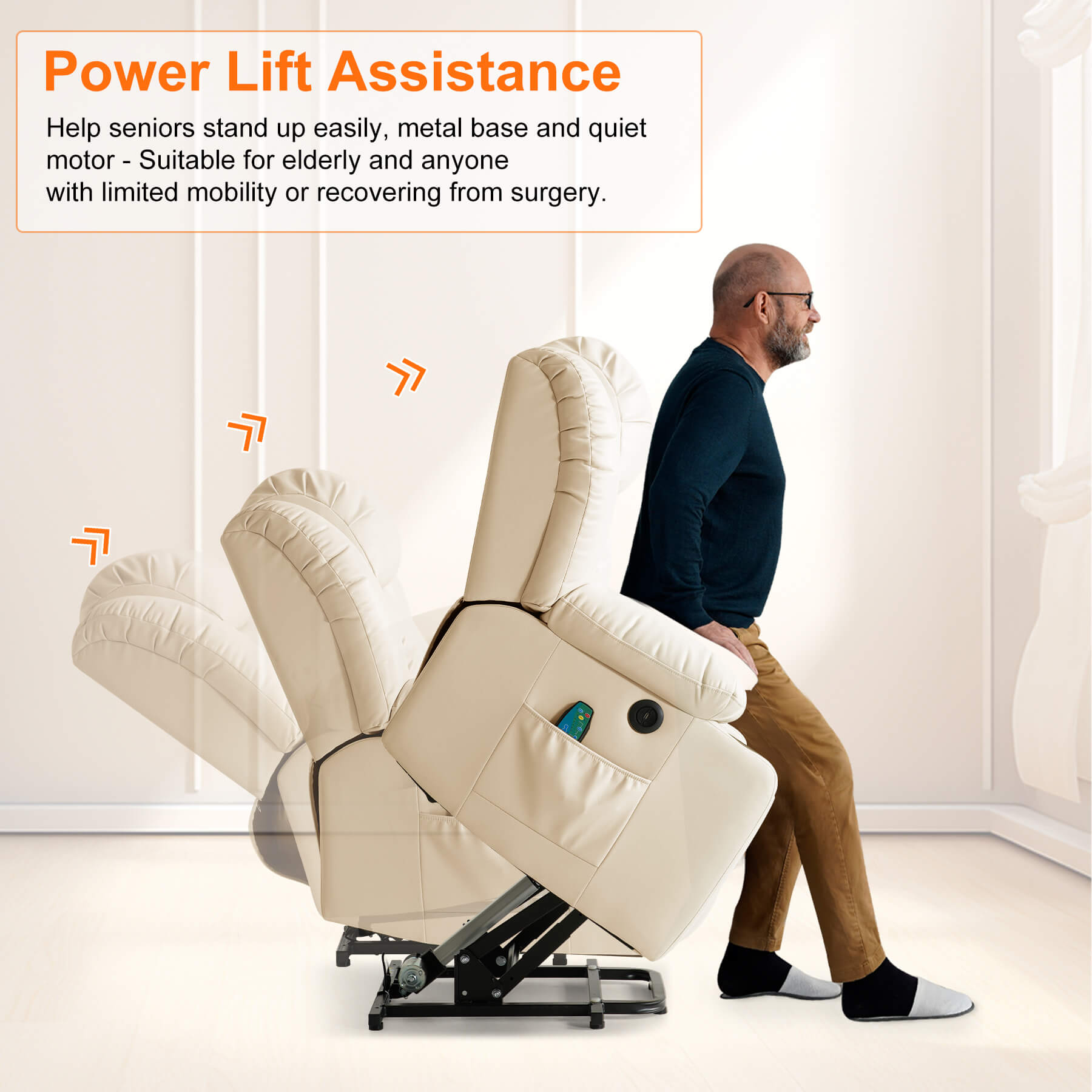 The power recliner's power lift mechanism assisted the senior to stand up easily.
