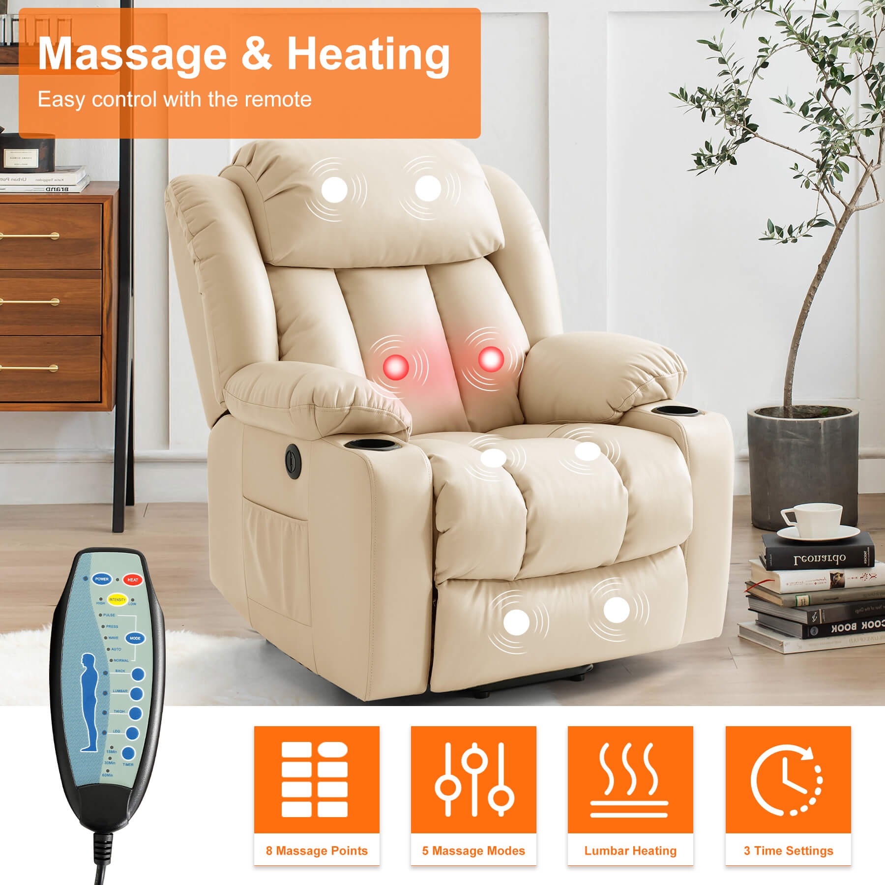 Electric recliner chair with massage and heating function to relax the body, operated by remote control.
