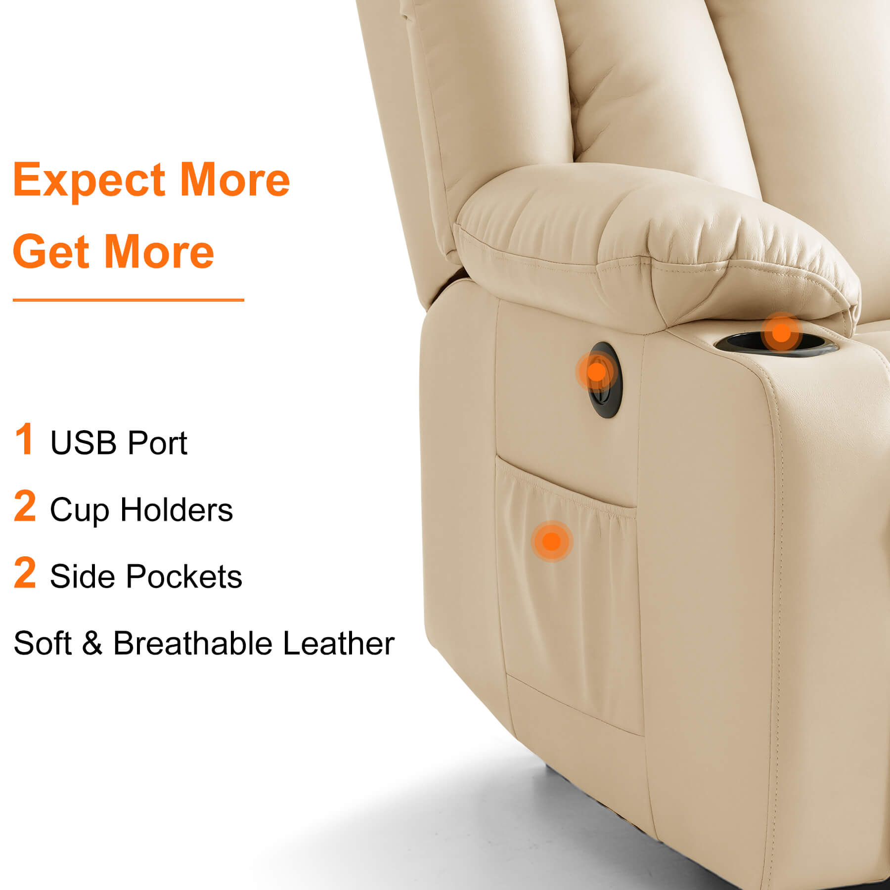 This breathable leather lift chair comes with a USB port, two cup holders, and two side pockets.