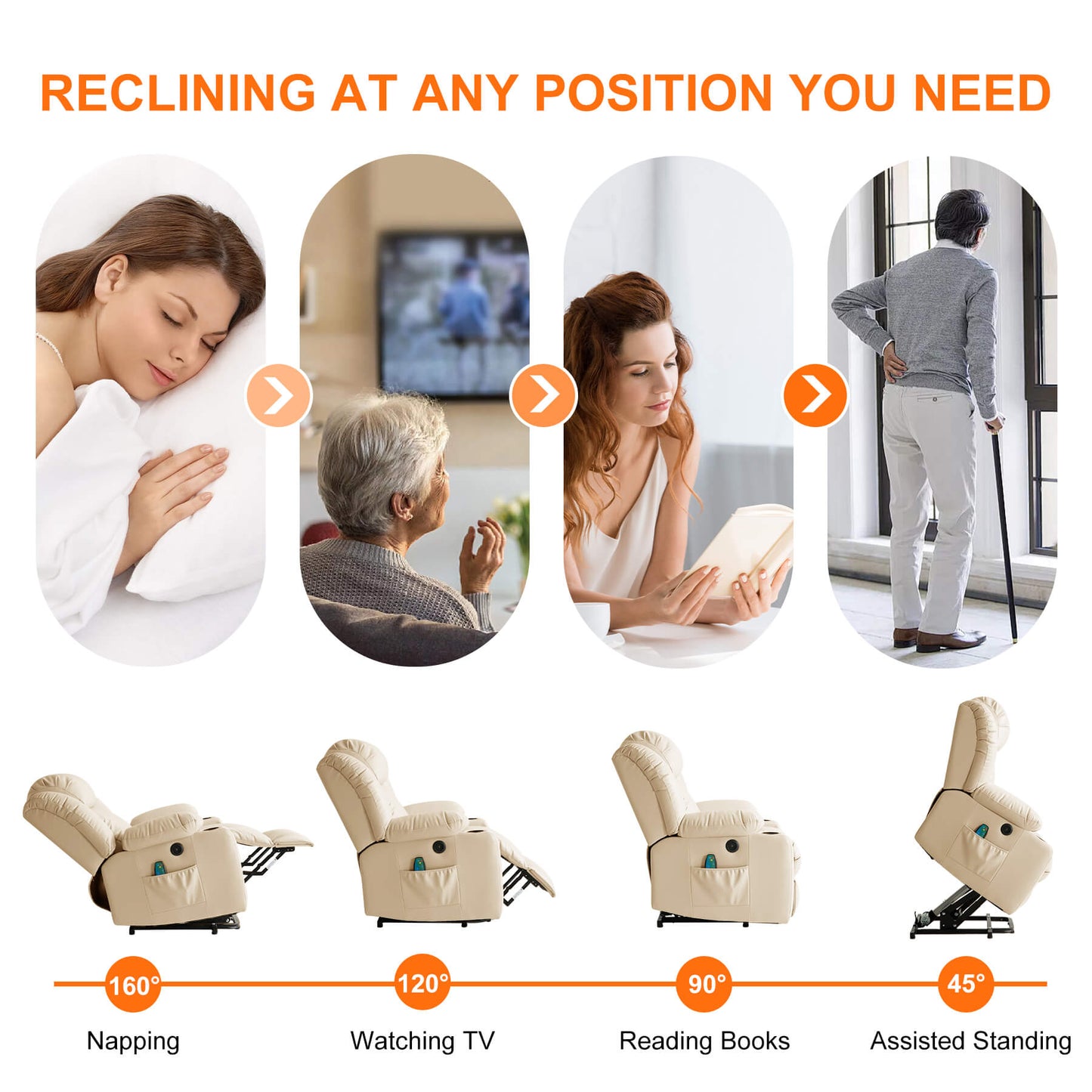 This electric lift chair can be adjusted to any position you need. It has a lift system to assist with standing and the backrest that tilts up to 160° for naps.