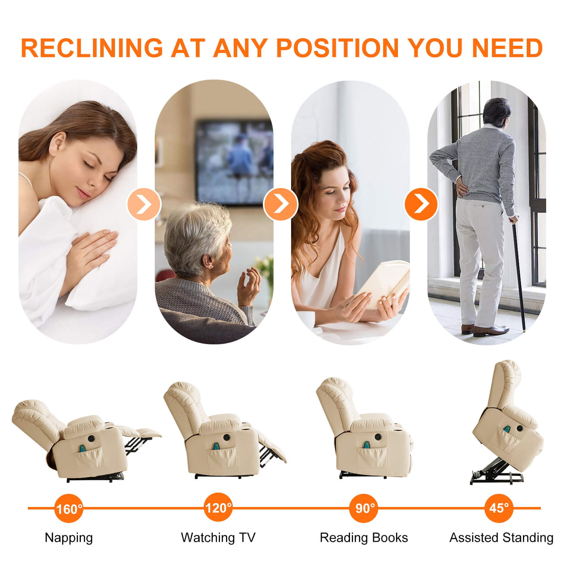 This electric lift chair can be adjusted to any position you need. It has a lift system to assist with standing and the backrest that tilts up to 160° for naps.