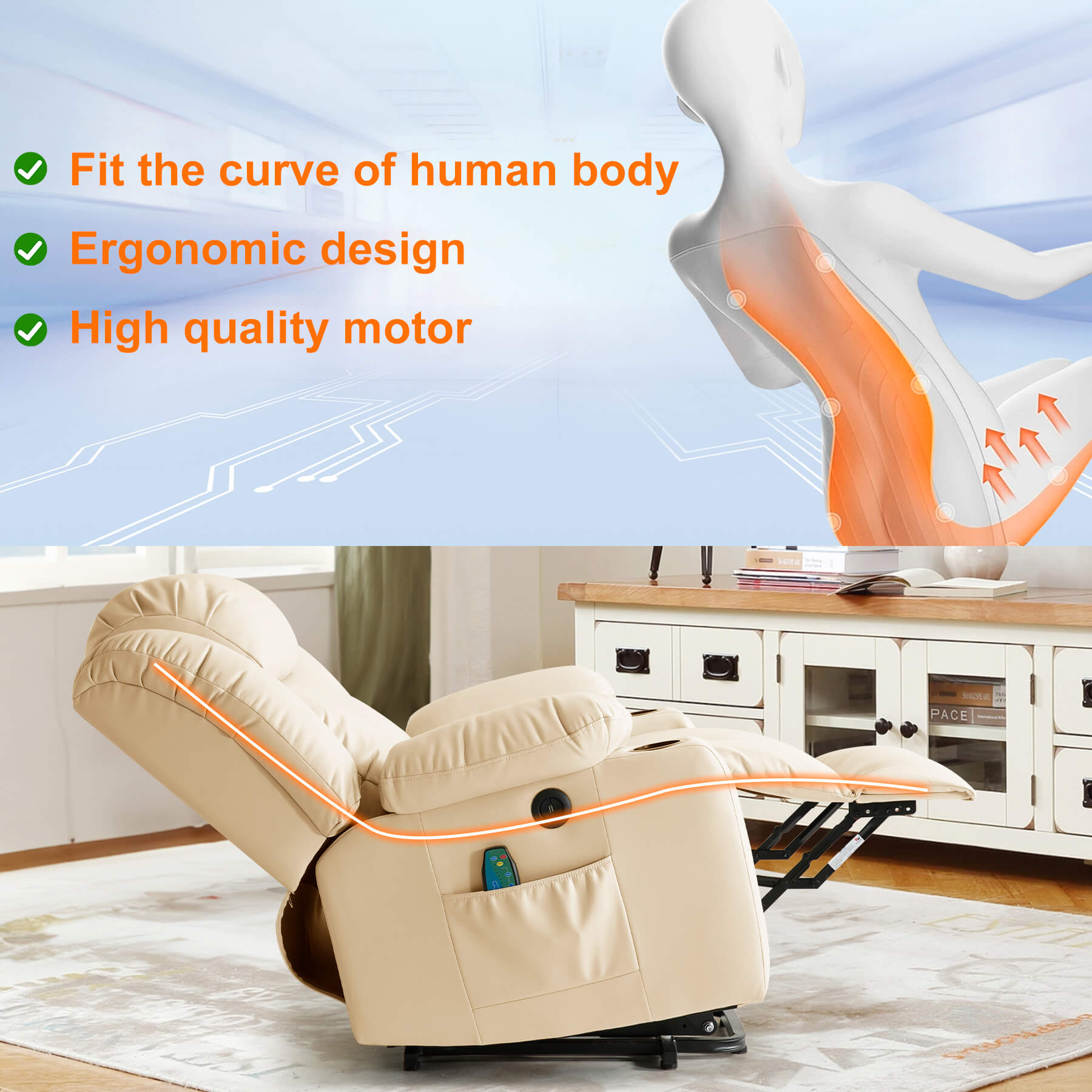 This electric recliner fits the body's curves when reclining, and the ergonomic design makes it perfect for everyday use.