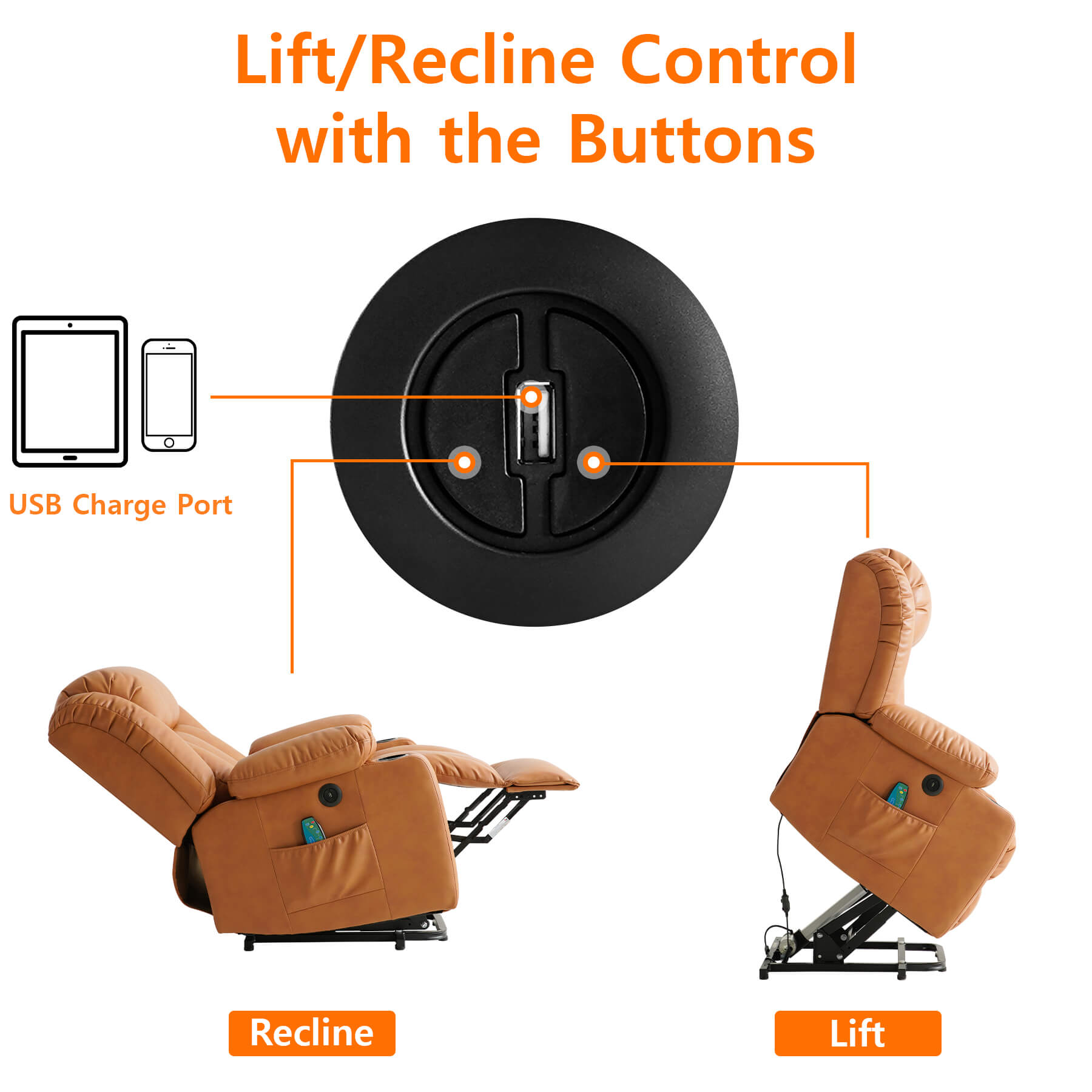 Adjust the standing or reclining position by pressing the button on the right side of the chair, and the USB port in the middle of the button charges low-power devices.