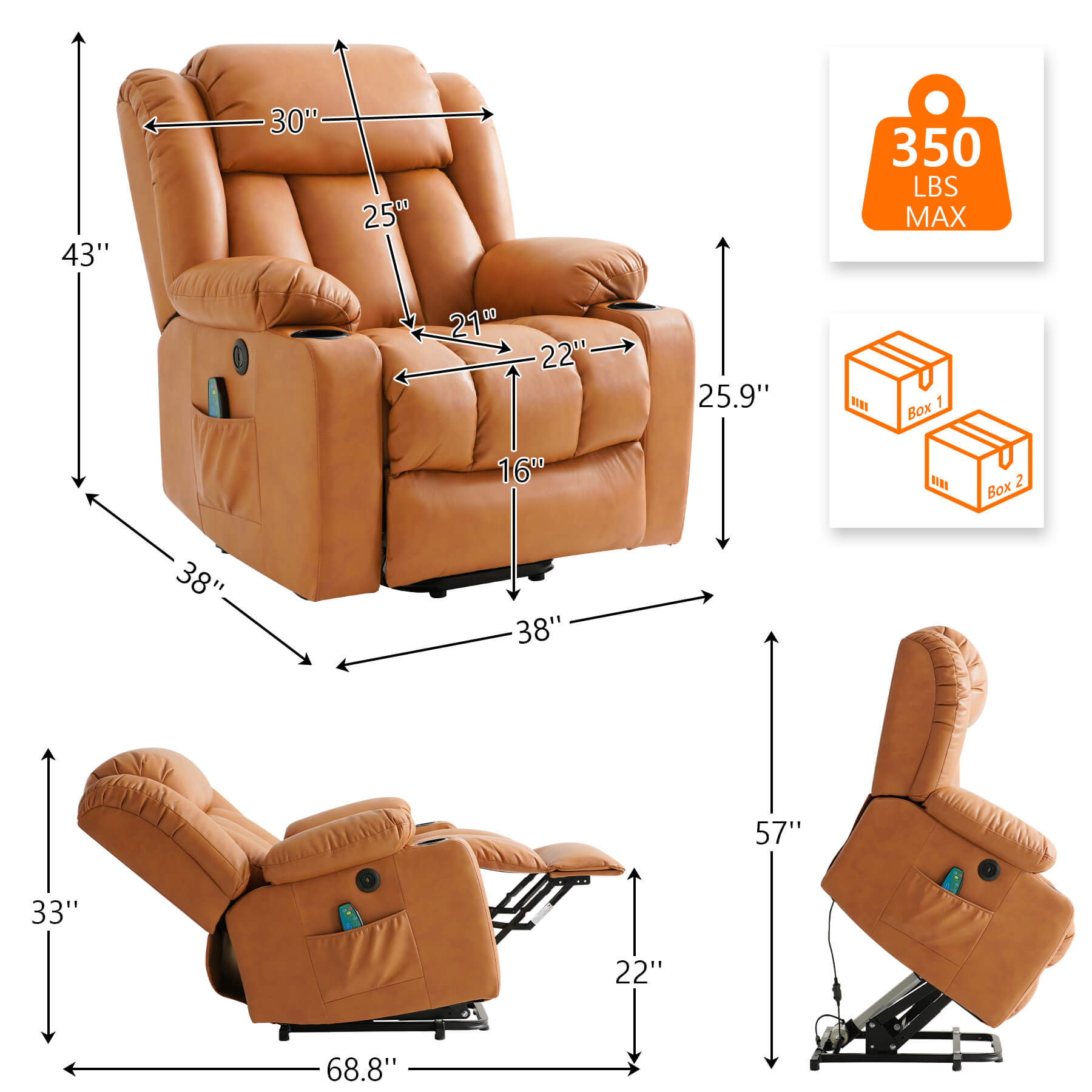 Orange recliner size data. Overall dimensions: 38“ x 38” x 43”, Weight capacity: 350lbs. Packed in 2 boxes.