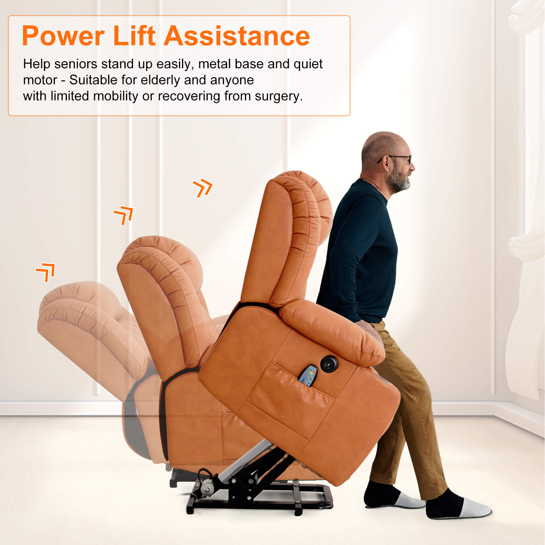 The power recliner's power lift mechanism assisted the senior to stand up easily.