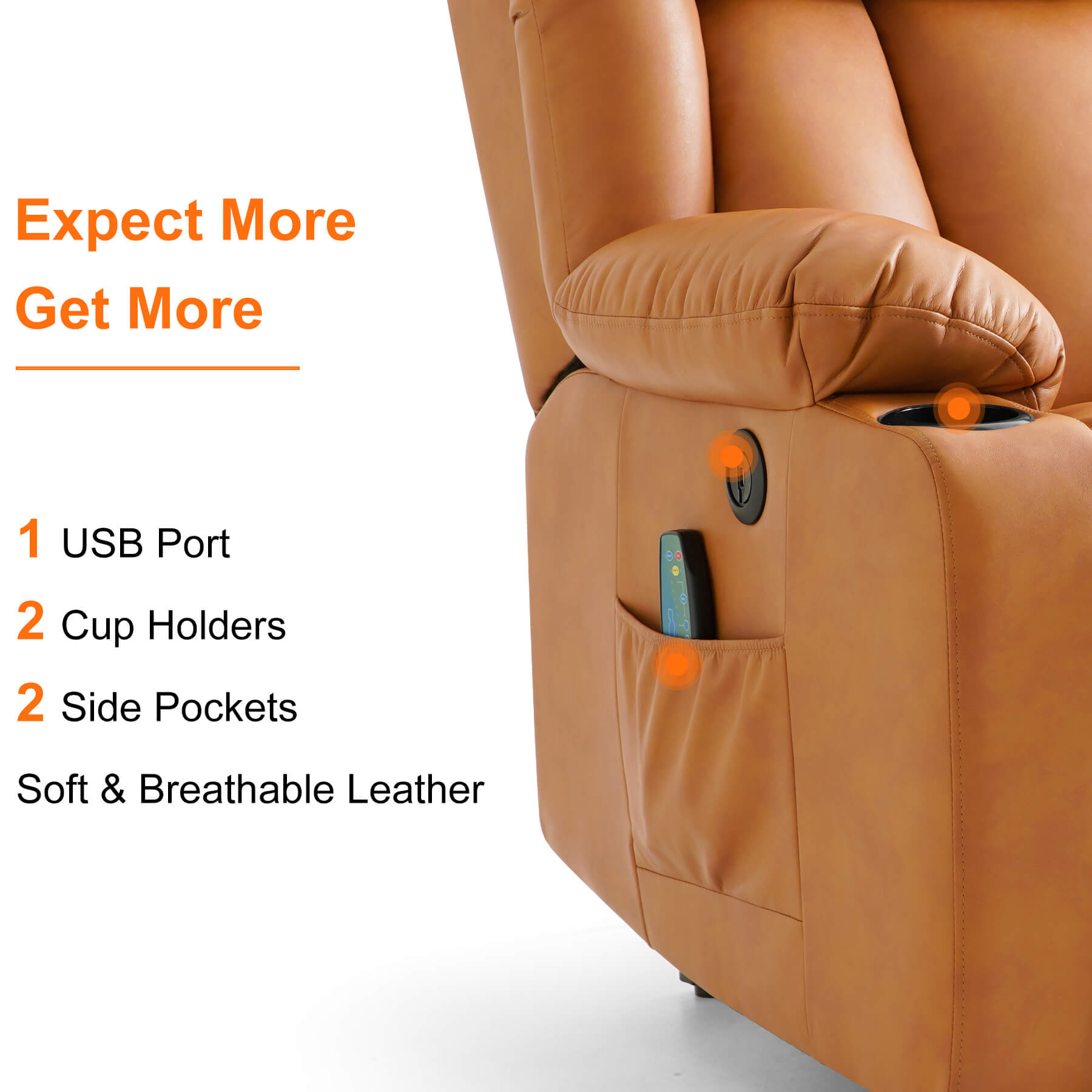This breathable leather lift chair comes with a USB port, two cup holders, and two side pockets.