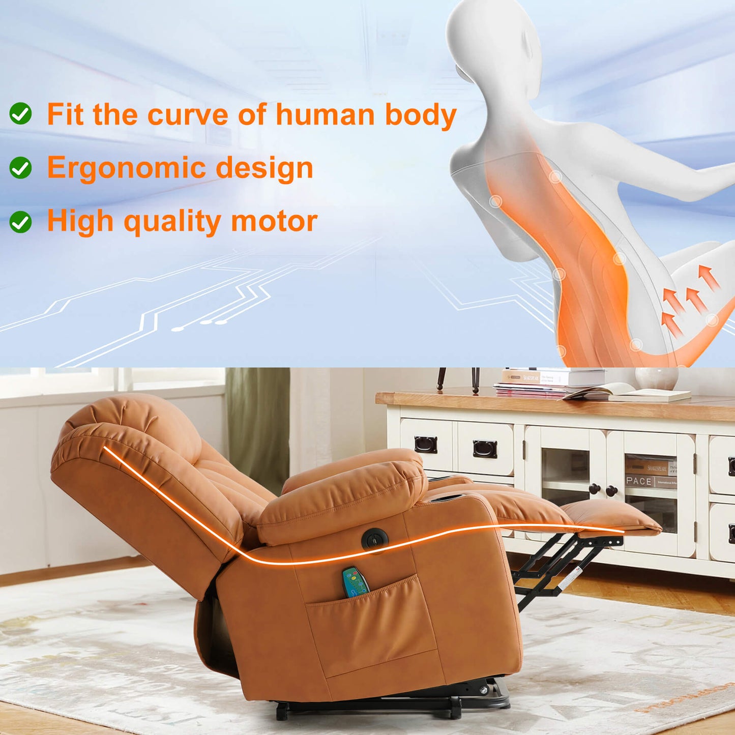 This electric recliner fits the body's curves when reclining, and the ergonomic design makes it perfect for everyday use.