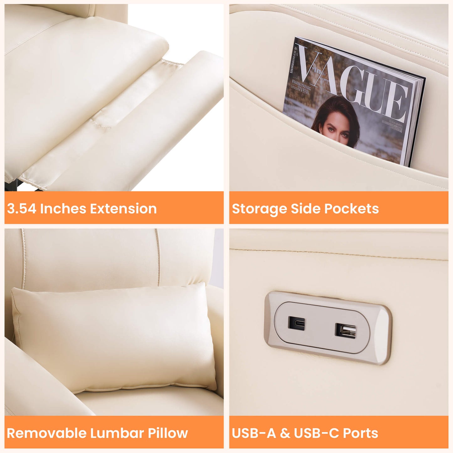 Features of the electric power recliner : 3.54 inches footrest extension, storage side pockets, lumbar pillow, and USB ports.