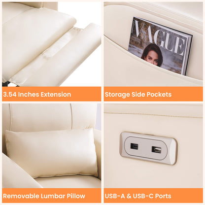 Features of the electric power recliner : 3.54 inches footrest extension, storage side pockets, lumbar pillow, and USB ports.