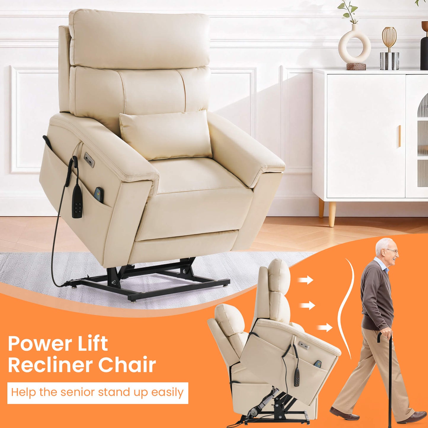 Beige power lift recliner chair helps the senior stand up easily.