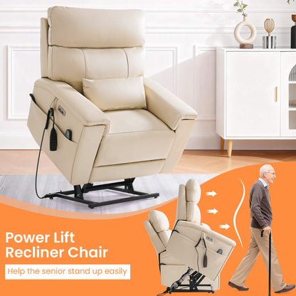 Beige power lift recliner chair helps the senior stand up easily.
