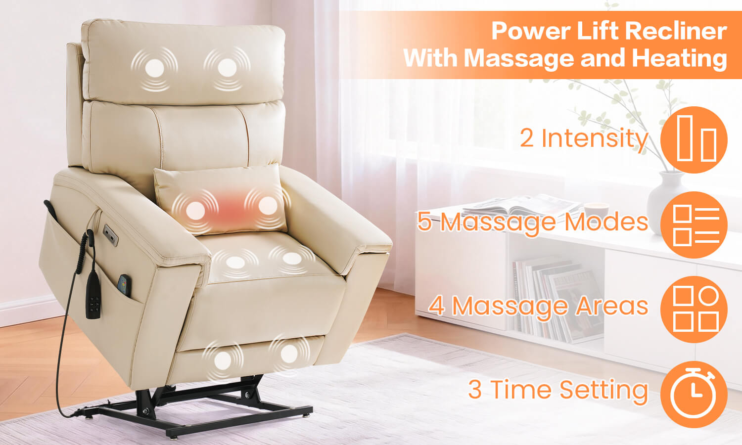 Beige triple motor power lift recliner with massage and heating features, 2 intensities, 5 massage modes, 4 massage areas, 3 time setting.