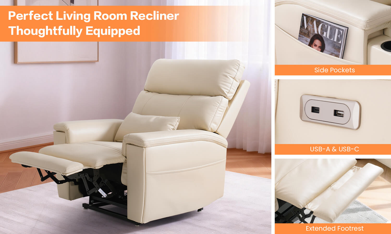 Perfect living room recliner chair with side pockets, USB ports and extended footrest in a living room setting.