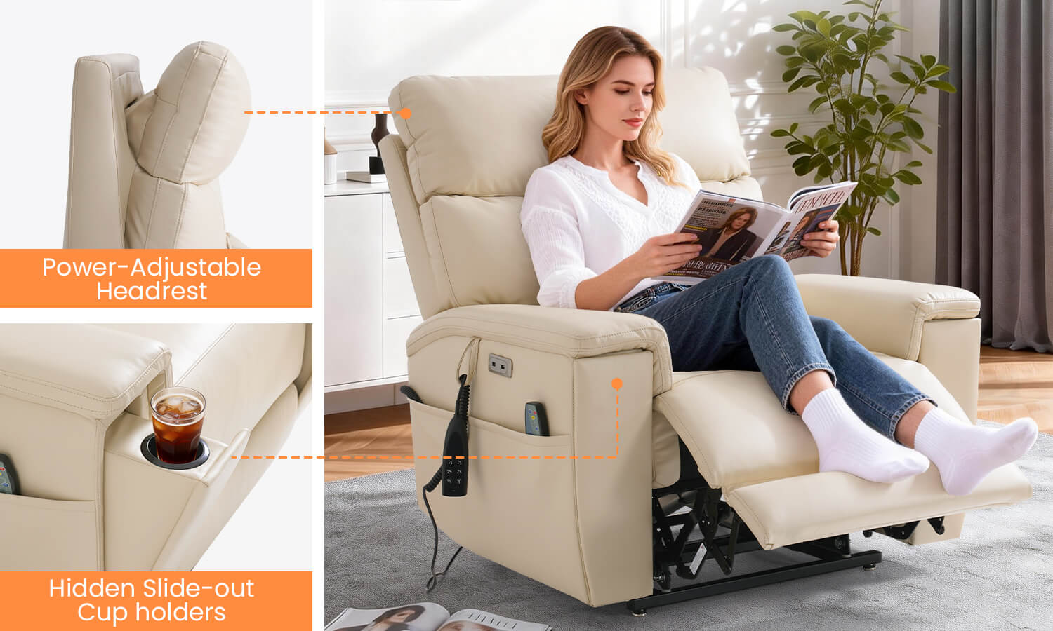 Beige recliner chair with power-adjustable headrest and hidden slide-out cup holders, person reading a magazine.
