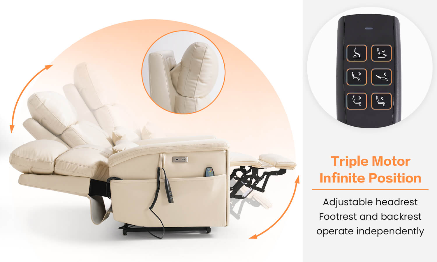 Triple mptor infinite position massage chair with remote control, headrest, footrest and backrest operate independently.